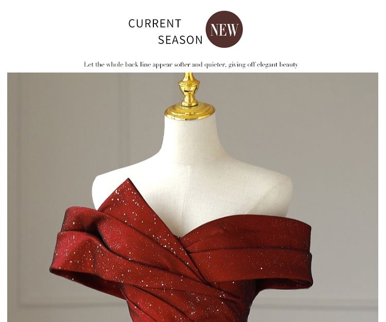 Evening Panel A-Line Glitter Off-Shoulder Mesh Asymmetrical Gown