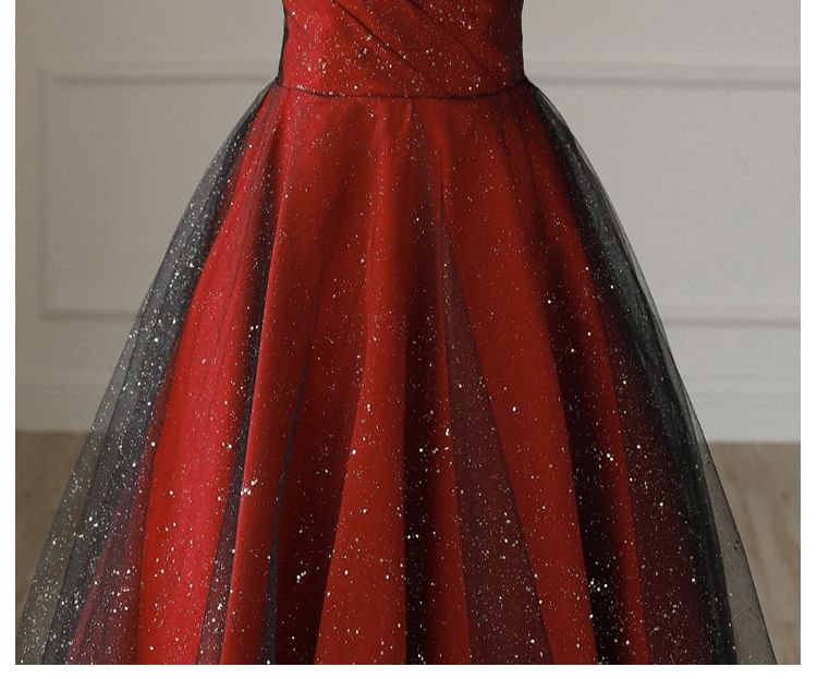 Evening Panel A-Line Glitter Off-Shoulder Mesh Asymmetrical Gown