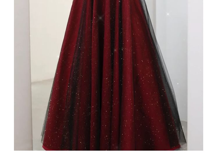 Evening Panel A-Line Glitter Off-Shoulder Mesh Asymmetrical Gown