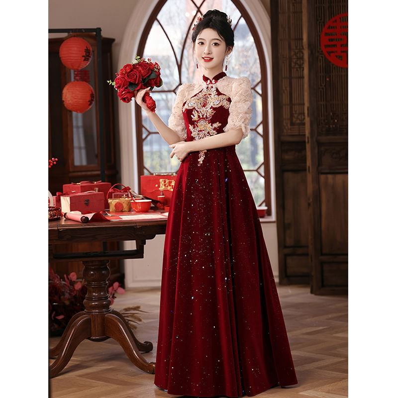 Flower Sequin Puff-Sleeve A-Line Embroidered Evening Gown
