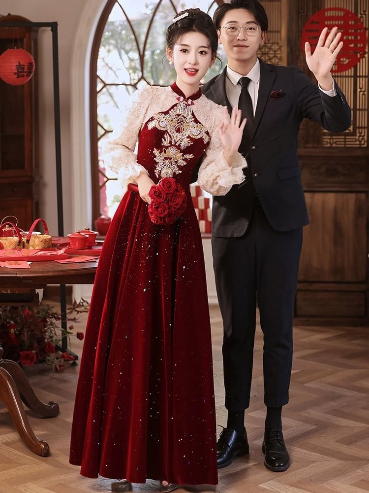 Flower Sequin Puff-Sleeve A-Line Embroidered Evening Gown