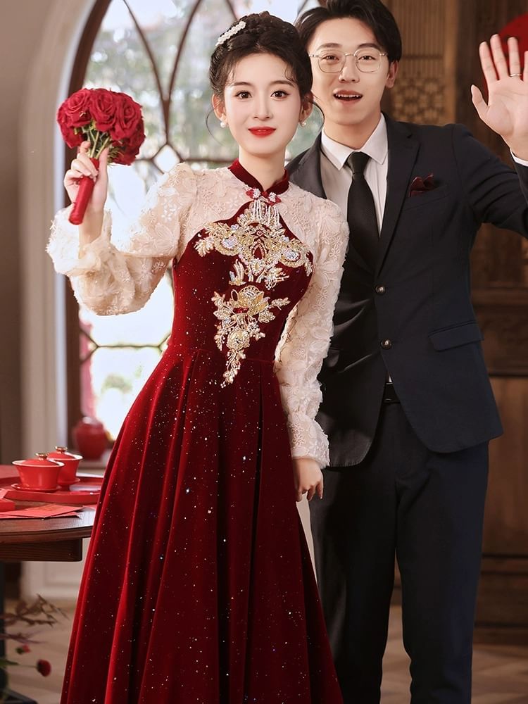 Flower Sequin Puff-Sleeve A-Line Embroidered Evening Gown