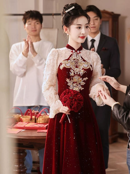 Flower Sequin Puff-Sleeve A-Line Embroidered Evening Gown