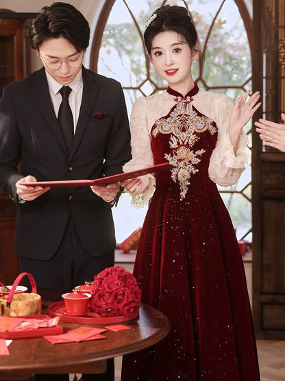 Flower Sequin Puff-Sleeve A-Line Embroidered Evening Gown