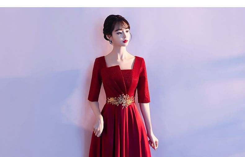 Evening Gown Neck Embroidered Square A-Line Elbow-Sleeve