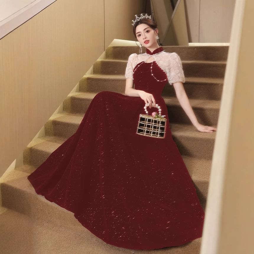 Neck A-Line Embroidered Glitter Flower Two Mock Tone Gown Puff-Sleeve Evening