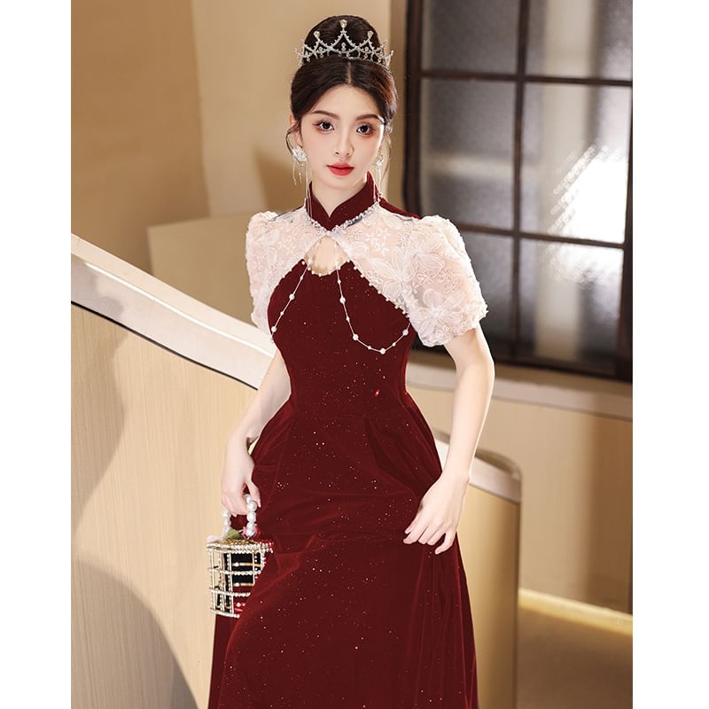 Neck A-Line Embroidered Glitter Flower Two Mock Tone Gown Puff-Sleeve Evening