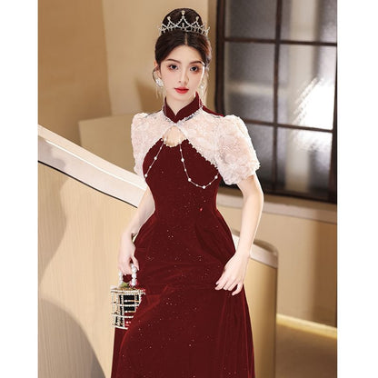 Neck A-Line Embroidered Glitter Flower Two Mock Tone Gown Puff-Sleeve Evening