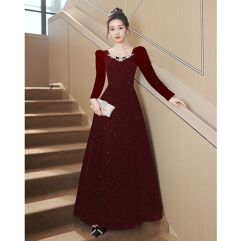 Evening Sequin Puff-Sleeve Rhinestone A-Line Gown