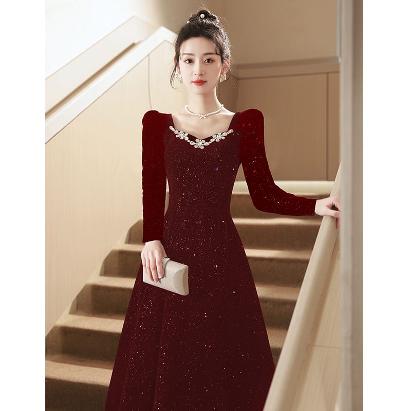 Evening Sequin Puff-Sleeve Rhinestone A-Line Gown
