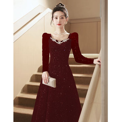 Evening Sequin Puff-Sleeve Rhinestone A-Line Gown