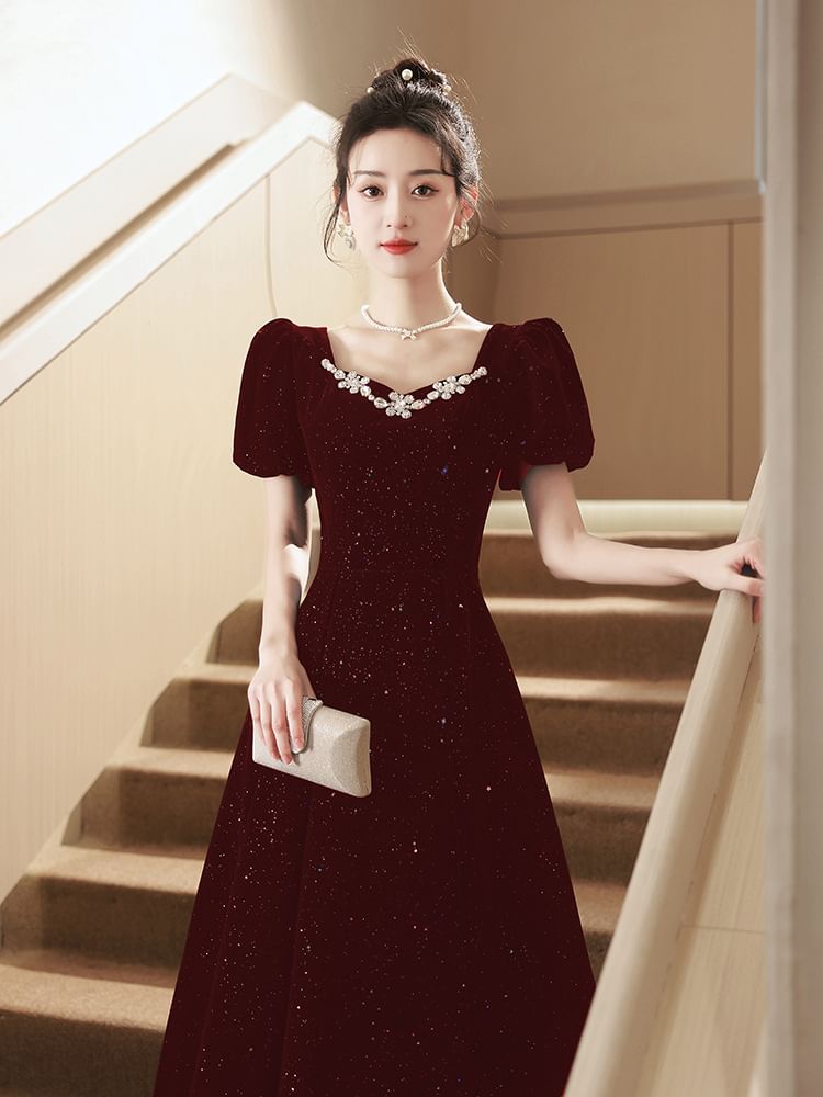 Evening Sequin Puff-Sleeve Rhinestone A-Line Gown