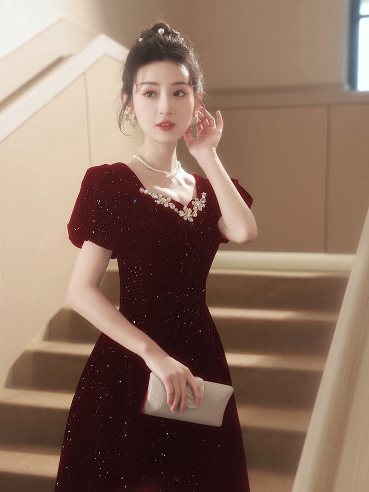 Evening Sequin Puff-Sleeve Rhinestone A-Line Gown