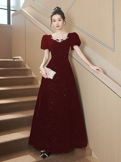 Evening Sequin Puff-Sleeve Rhinestone A-Line Gown