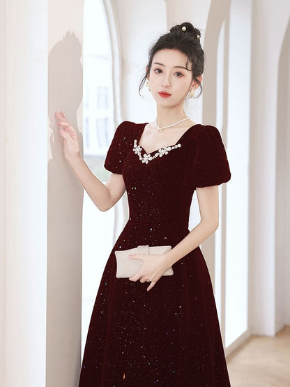 Evening Sequin Puff-Sleeve Rhinestone A-Line Gown