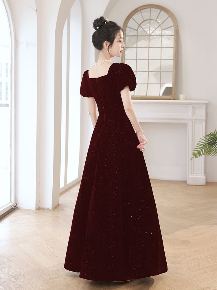 Evening Sequin Puff-Sleeve Rhinestone A-Line Gown