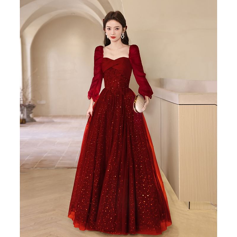 A-Line Sequin Evening Puff-Sleeve Gown