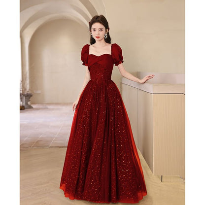 A-Line Sequin Evening Puff-Sleeve Gown