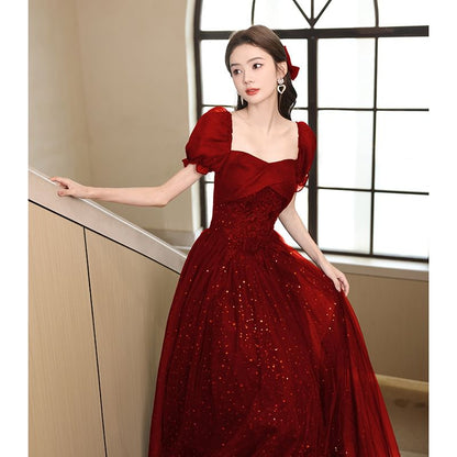 A-Line Sequin Evening Puff-Sleeve Gown