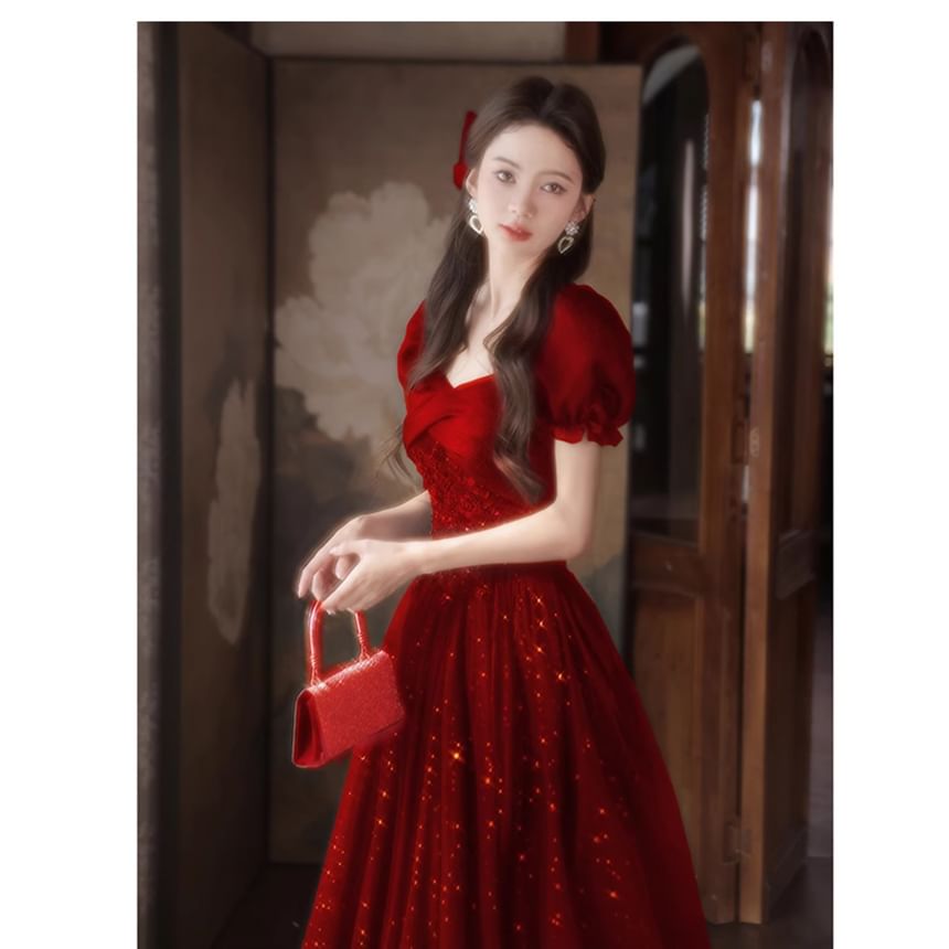 A-Line Sequin Evening Puff-Sleeve Gown
