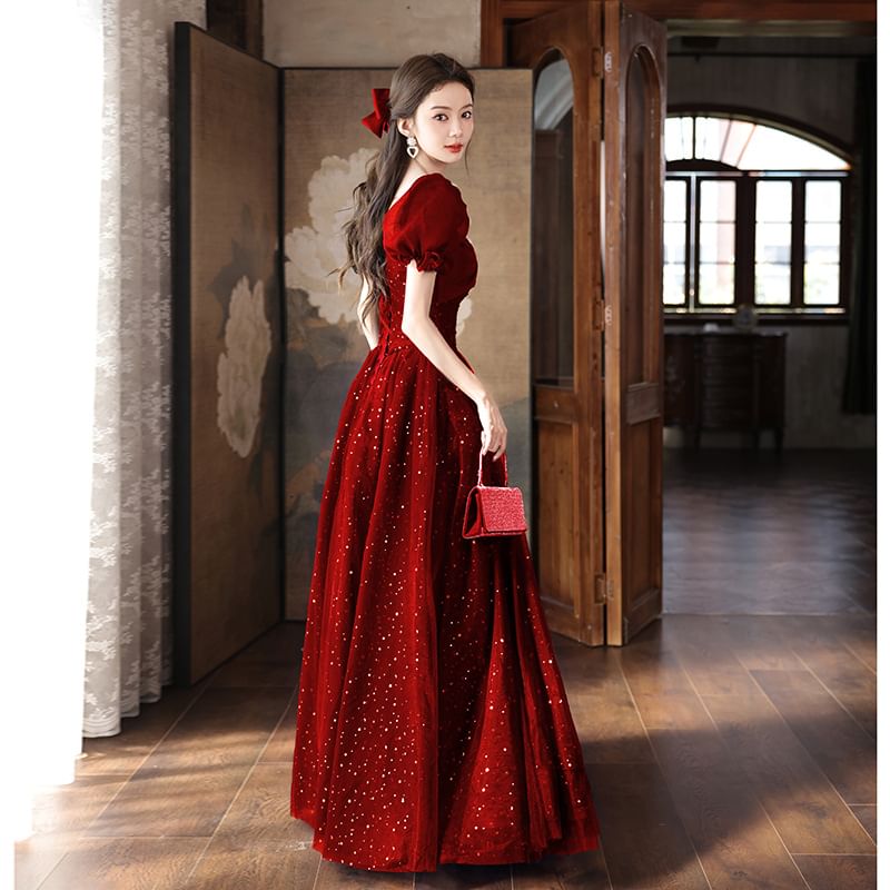 A-Line Sequin Evening Puff-Sleeve Gown