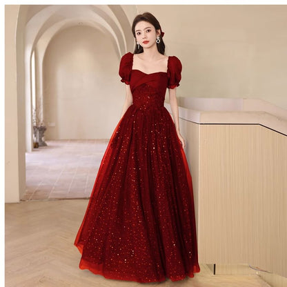 A-Line Sequin Evening Puff-Sleeve Gown