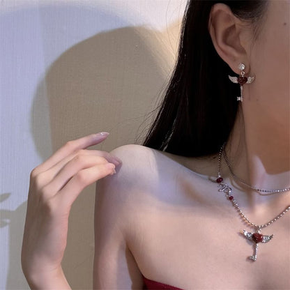 Necklace Layered Heart Drop / Earring Wing Key