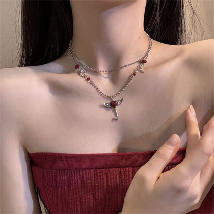 Necklace Layered Heart Drop / Earring Wing Key