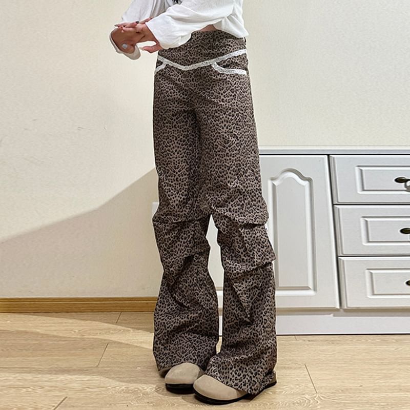 Leopard Rise Pants Leg Wide High