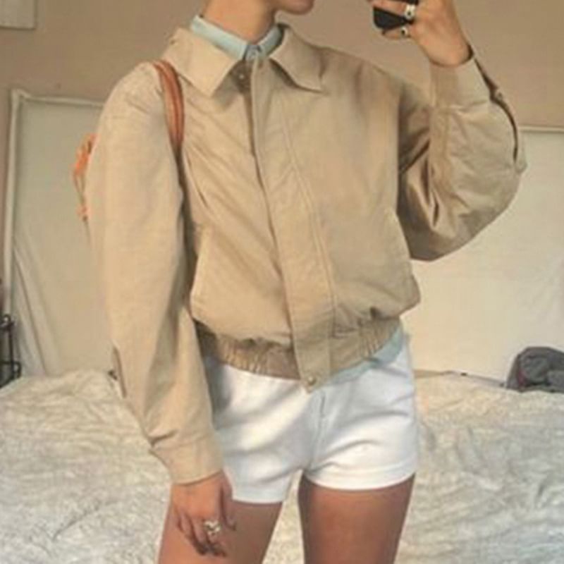 Cropped Jacket Collared Zip Plain Up