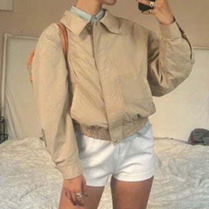 Cropped Jacket Collared Zip Plain Up