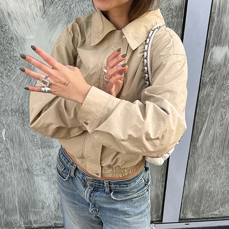 Cropped Jacket Collared Zip Plain Up