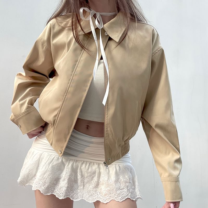 Cropped Jacket Collared Zip Plain Up