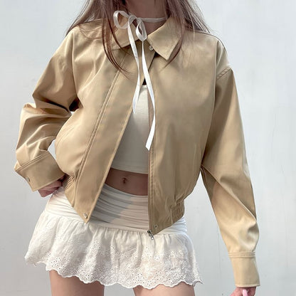 Cropped Jacket Collared Zip Plain Up