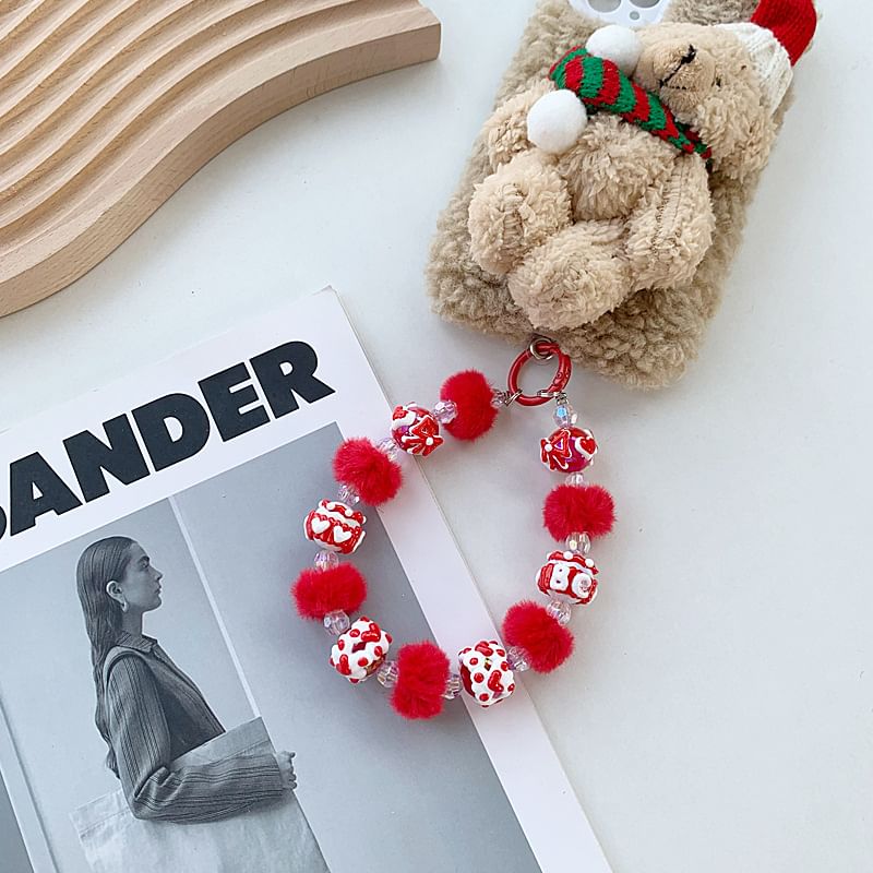 Bead Heart Phone Strap Pom