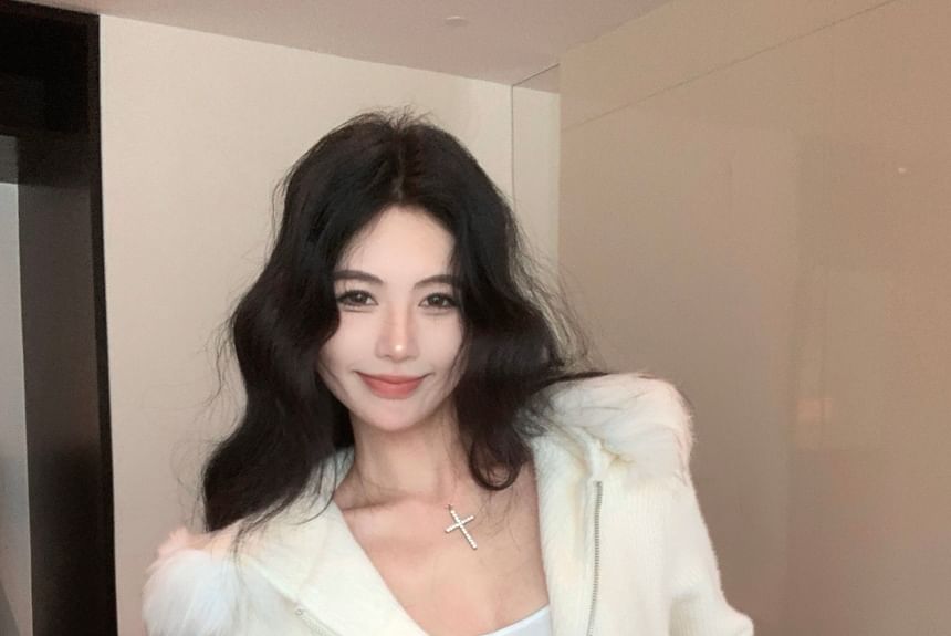 Zip-Up Hoodie Mini Pencil / Fluffy Waist Plain Knit Trim Drawstring Skirt