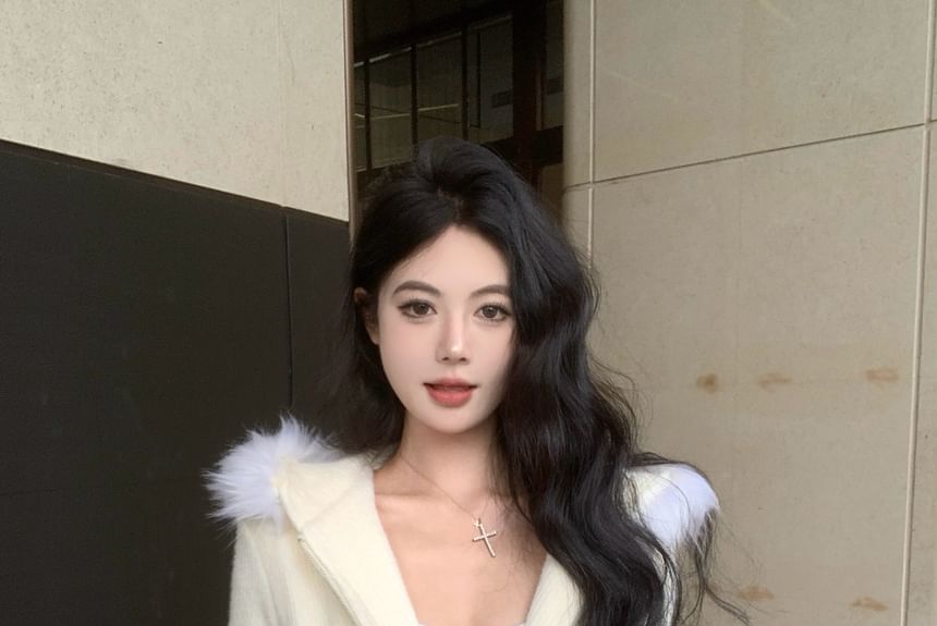 Zip-Up Hoodie Mini Pencil / Fluffy Waist Plain Knit Trim Drawstring Skirt