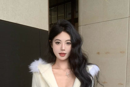 Zip-Up Hoodie Mini Pencil / Fluffy Waist Plain Knit Trim Drawstring Skirt