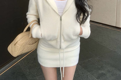 Zip-Up Hoodie Mini Pencil / Fluffy Waist Plain Knit Trim Drawstring Skirt