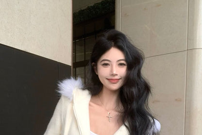 Zip-Up Hoodie Mini Pencil / Fluffy Waist Plain Knit Trim Drawstring Skirt