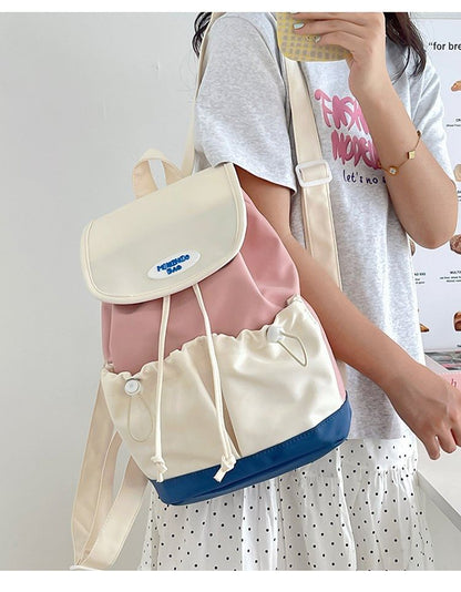 Flap Drawstring Panel Nylon Backpack