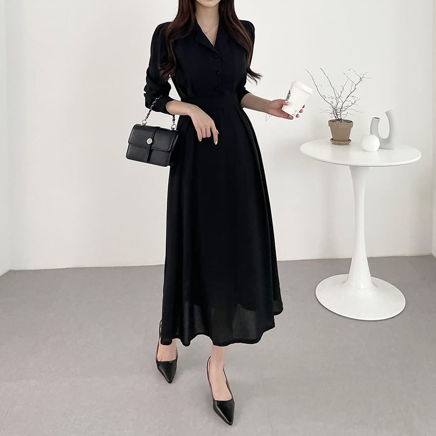 Long-Sleeve Plain Midi A-Line Shirt Dress