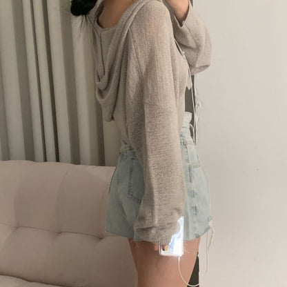 Hooded Plain Crop Cardigan