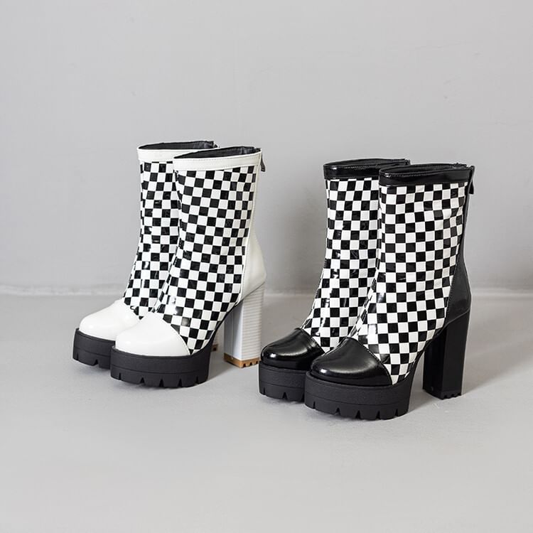 Short Block Checkerboard Heel Boots