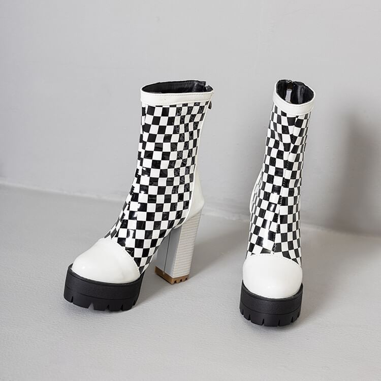 Short Block Checkerboard Heel Boots