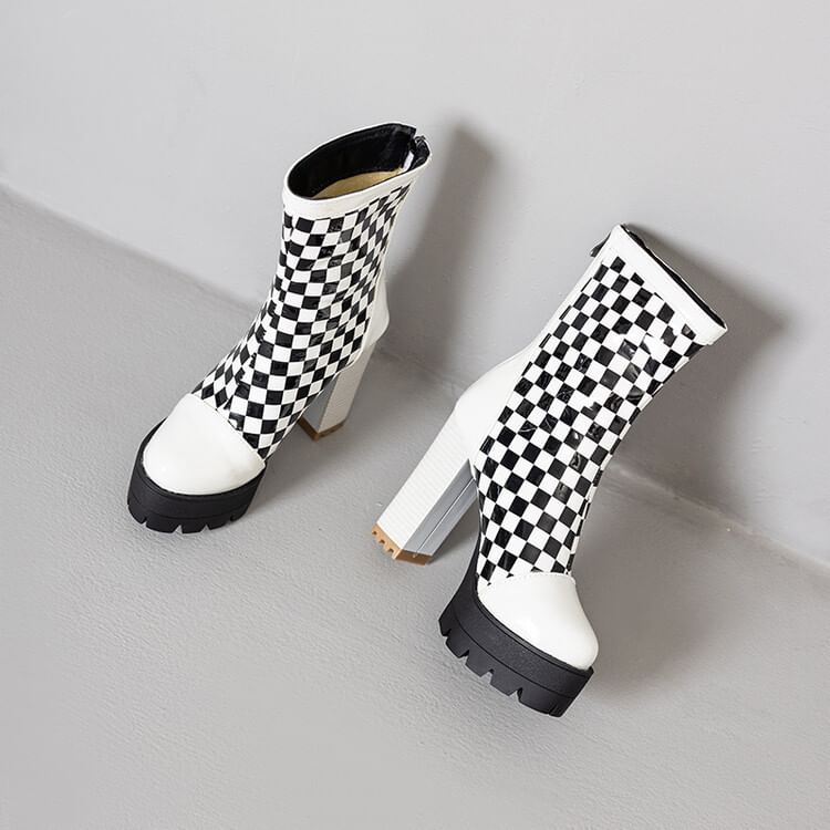 Short Block Checkerboard Heel Boots