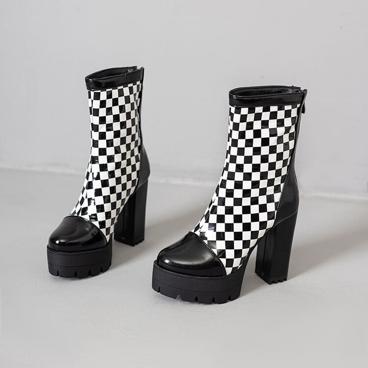 Short Block Checkerboard Heel Boots
