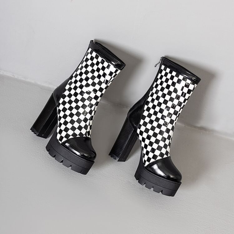 Short Block Checkerboard Heel Boots