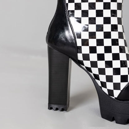 Short Block Checkerboard Heel Boots