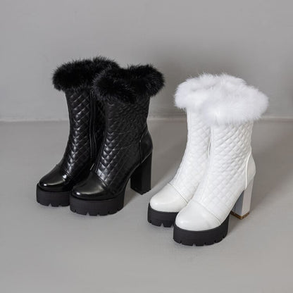 Trim Quilted Furry Heel Block Short Boots